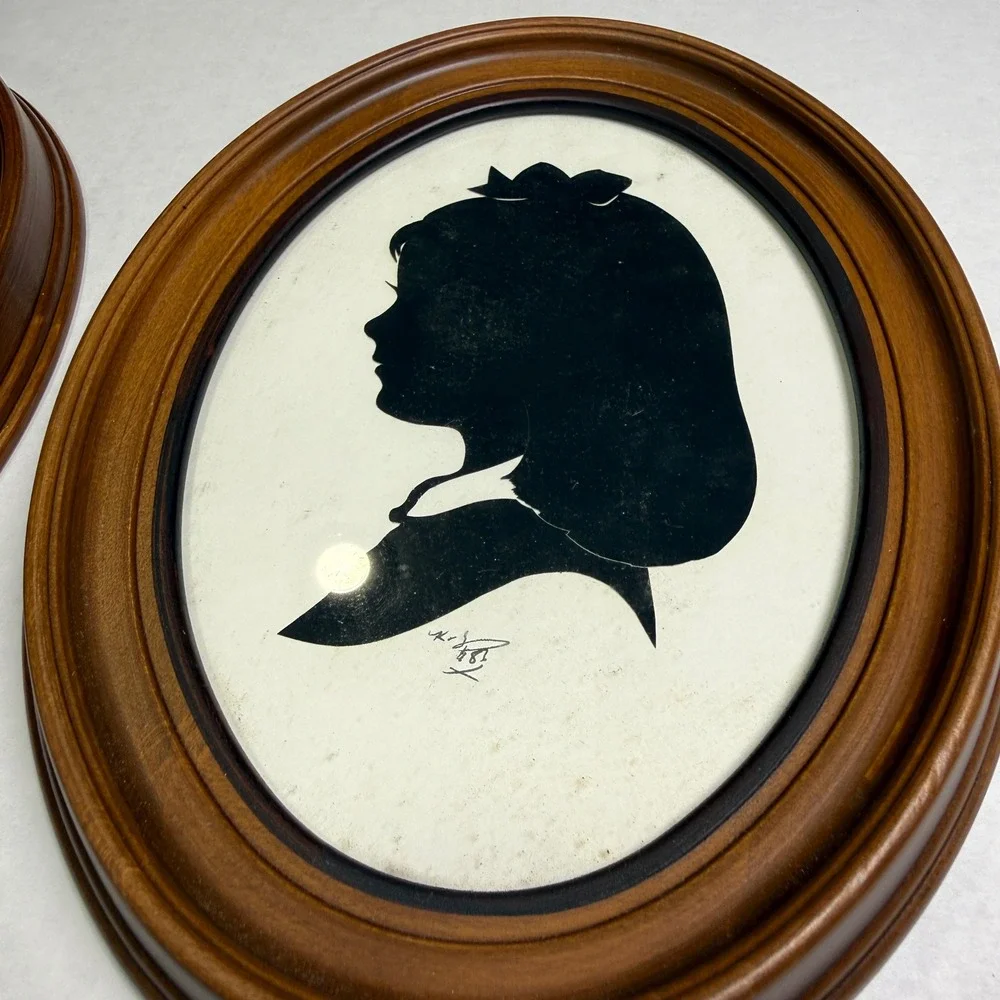 Vintage Silhouette Portraits Boy and Girl Signed Pair Oval Framed Wall Art 8.5